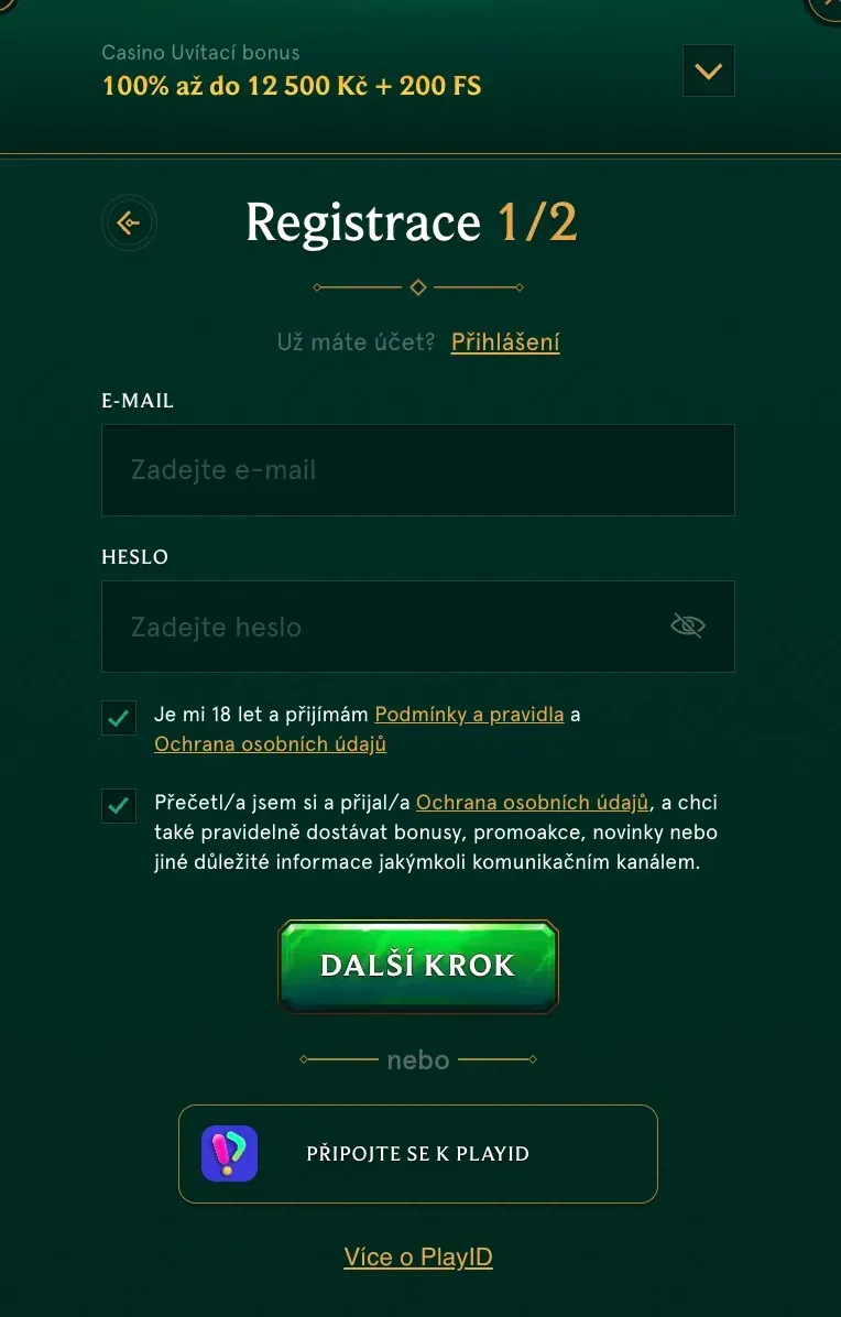Registrační formulář v Casinia